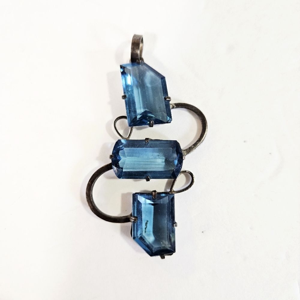 Vintage Artisan Large Marine Blue Prong Set Rhinestone Antiqued Silver Pendant